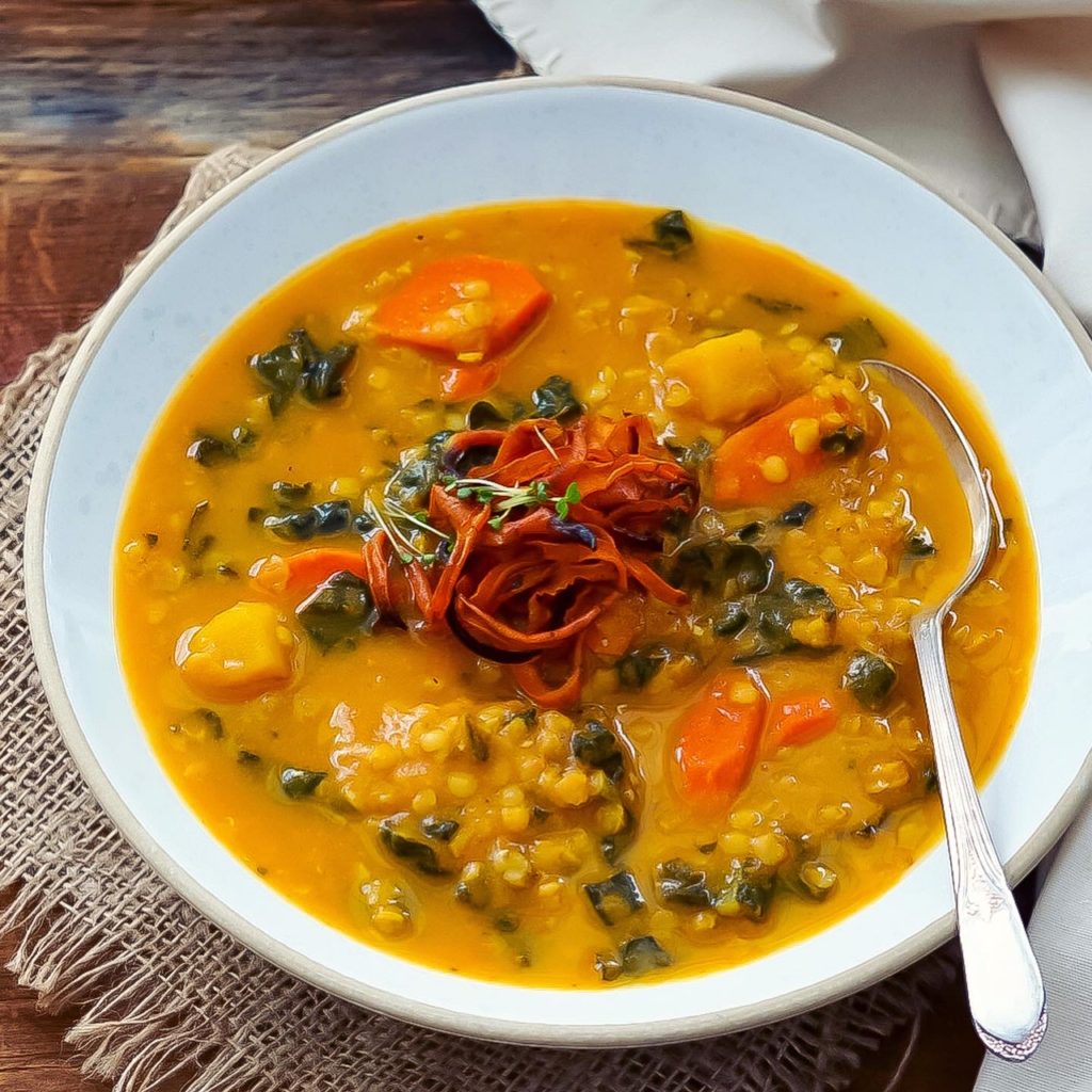 Carrot, Butternut, Kale and Lentil Soup