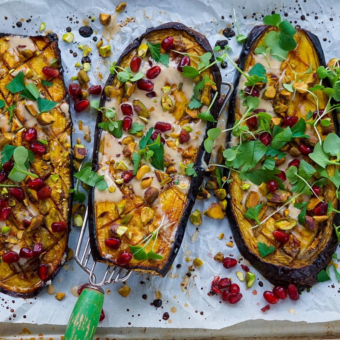 Roasted Eggplant With Harissa Tahini Sauce - Thekitchensinkblog.com