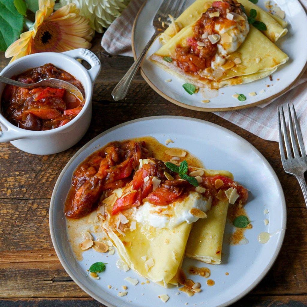 Orange Crépes with Roasted Rhubarb Sauce